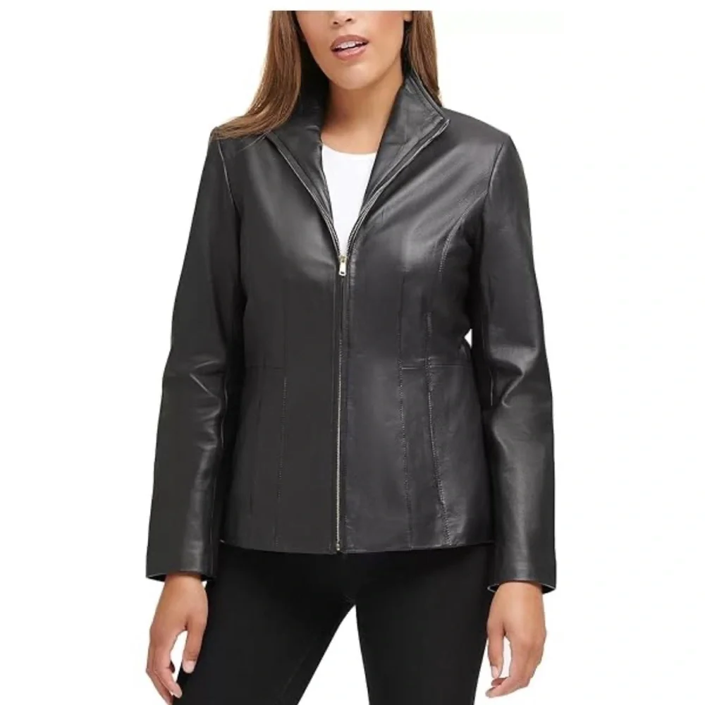 Vintage JLC Newyork Leather Women's Fully Lined Wing Collar Black coat size XL